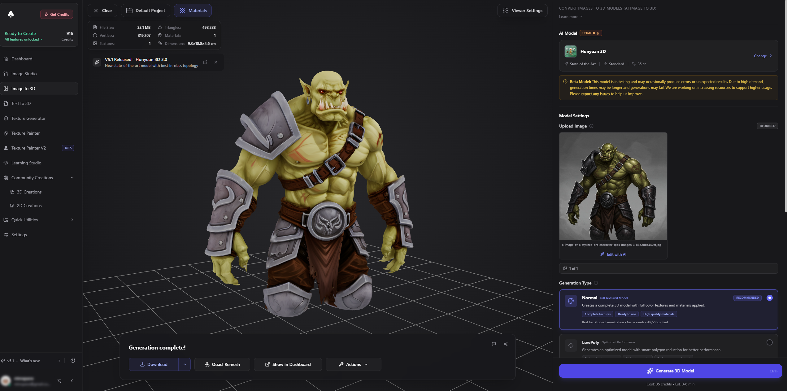 3D AI Studio Image to 3D - Stylized Orc Model with Textures