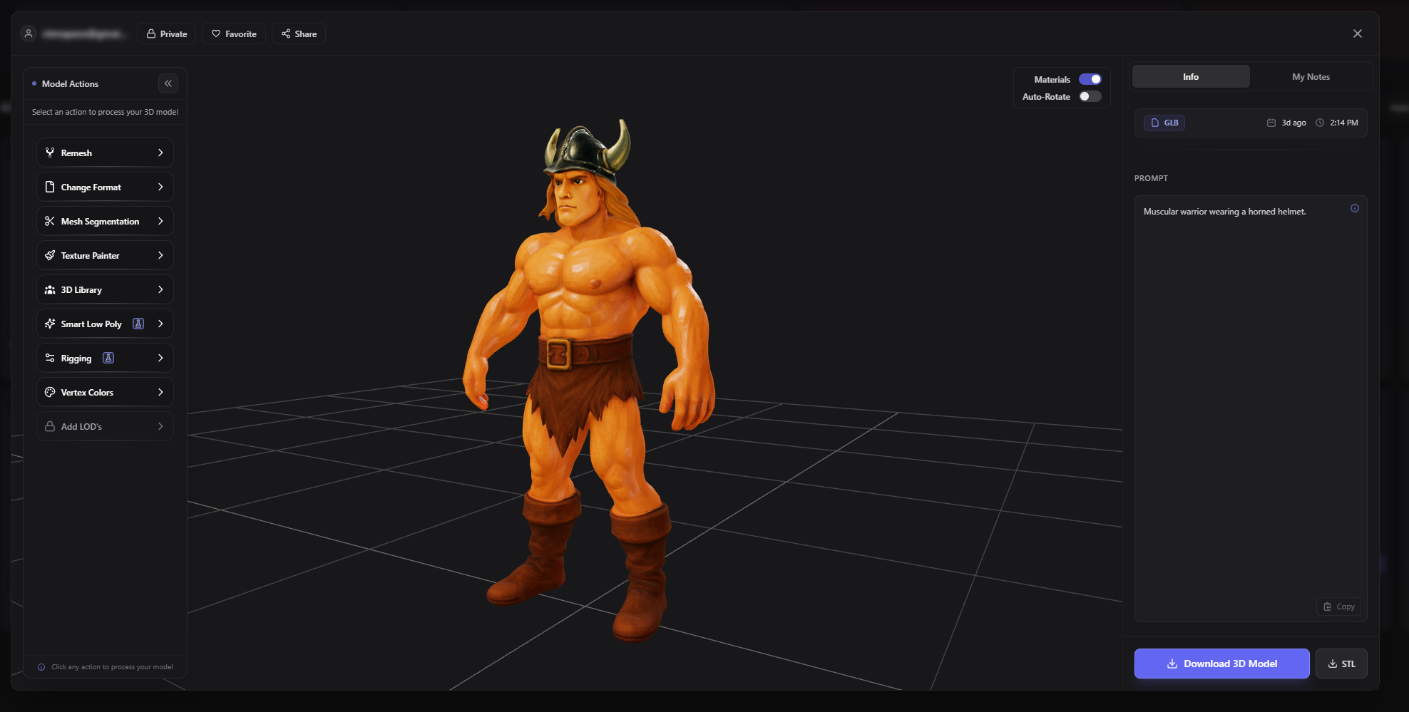 3D AI Studio generating muscular warrior with horned helmet