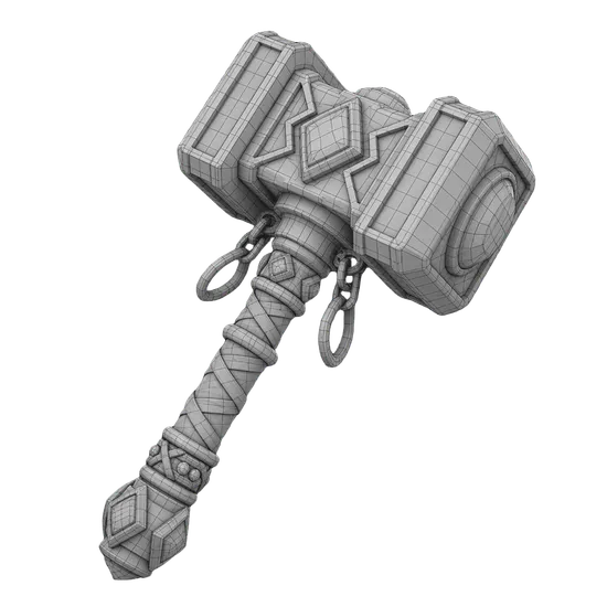 Dwarven hammer 3D model after AI remeshing with optimized wireframe mesh