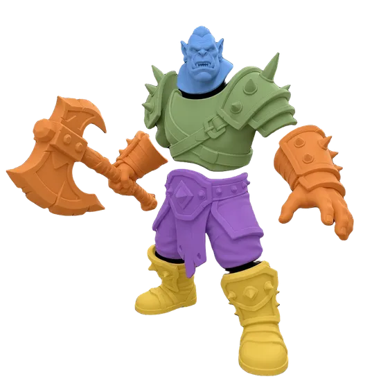 Orc warrior 3D model after AI segmentation showing color-coded body parts