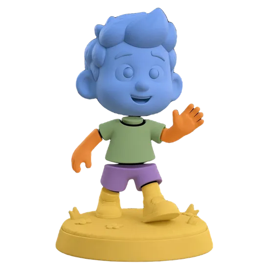 Pixar-style figurine 3D model after AI segmentation with separated color-coded parts
