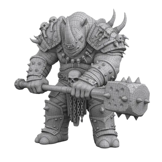 Rhino warlord 3D model after AI remeshing showing clean optimized wireframe