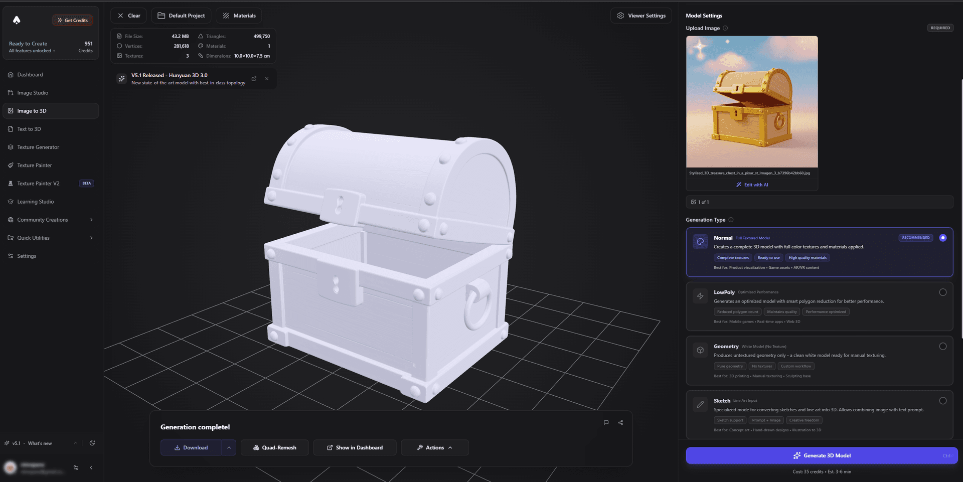 3D AI Studio AI generated image to 3d chest untextured