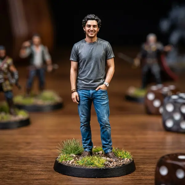 Photo of a man edited into a tabletop miniature figurine reference