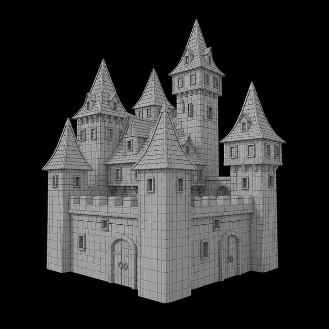 Wireframe topology of an AI-generated castle