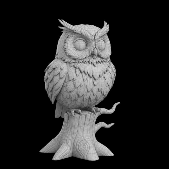 Wireframe view of AI-generated owl showing clean topology after remeshing